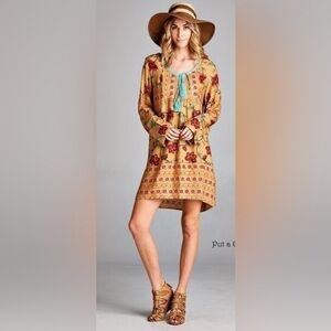 Velzera floral taupe long sleeve mint boho bohemian tunic dress size S